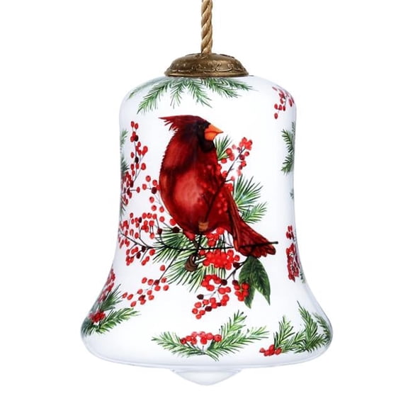 Cardinal Perched on Winter Berries Hand Painted Mouth Blown Glass Ornament, Multi Color