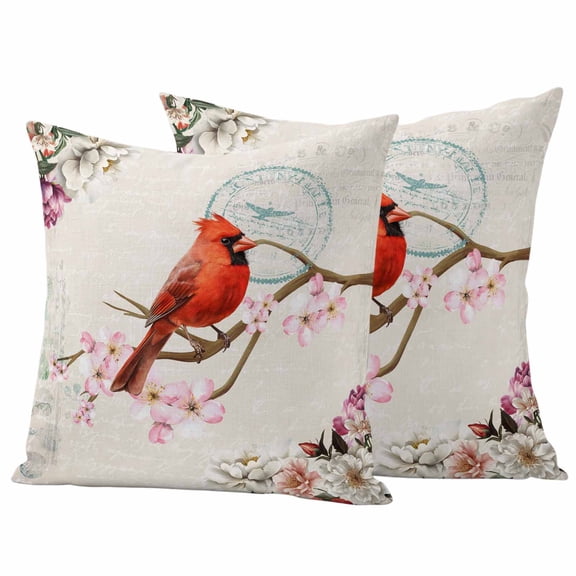 Cardinal Pillow Covers 2 Pack Red Bird Floral Pillowcase Waterproof Outdoor Throw Pillow Cover for Patio Garden Square Cushion 16”x16”