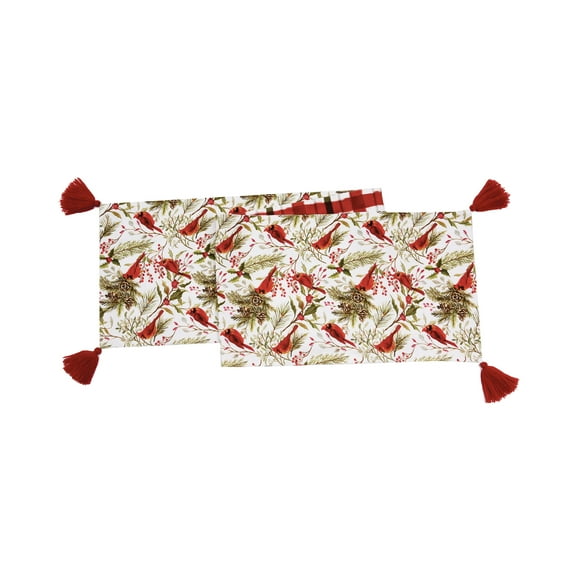 Cardinal Pinecone Sprigs & Berries 100% Cotton Christmas Table Runner w/ Red Tassels