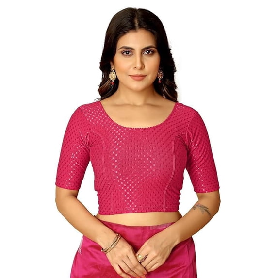 Cardinal Pink Round Neck Dobby Cotton Lycra Stretchable Elbow Sleeve Readymade Saree Blouse Stylish Fit