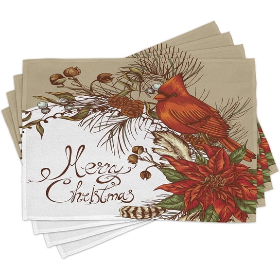 Cardinal Place Mats Set of 4, Vintage Inspirations in Floral Arrangement of Christmas Poinsettia and Pine Cones, Washable Fabric Placemats for Dining Table, Standard Size, Vermilion Brown
