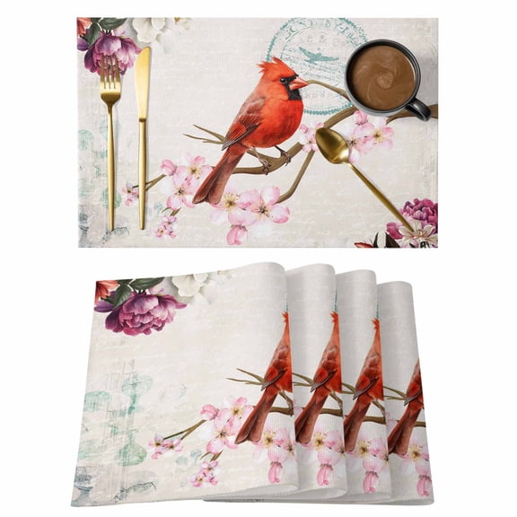 Cardinal Placemats Set&nbsp;of 1 Red Bird Floral Vintage Classical Heat Insulation Washable Place Mats, Rustic Non-Slip Table Mats for Dining Table Party Kitchen Decor,13x19 Inch