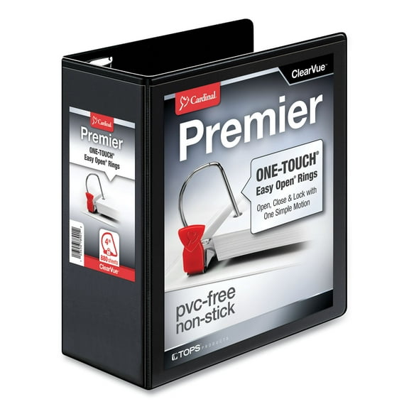 Cardinal Premier Easy Open Clearvue Locking Slant-D Ring Binder, 3 Rings, 4" Capacity, 11" x 8.5", Black