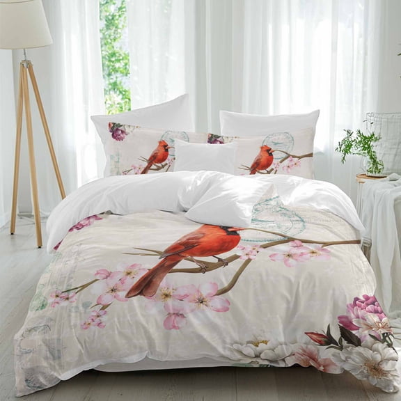 Cardinal Queen Size Comforter Set, Red Bird Floral Vintage Classical Bedding for All Seasons, 4 Pcs Bed Set, 1Quiltcover (90"x92") ,1Sheet(94"x116"), 2Pillowcases (30"x20")
