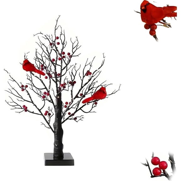 Cardinal Red Berries Tree Table Decor Light Centerpiece Christmas Lamp | Light for Tabletop LED Warm Light Up Christmas Tree LED Fairy Spirit Tree Lamp