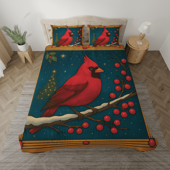Cardinal Red Bird Graphic Bedding Set –Winter Holiday Themed Duvet Cover and Pillowcases
