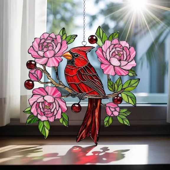 Cardinal Red Bird Pink Peony Acrylic Suncatcher Window Hanging Home Decor