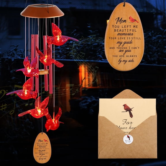 Cardinal Red Bird Solar Wind Chimes - Outdoor Garden Gifts for Mom from Daughter or Son - Mom's Room Decor for Mother's Day, Thanksgiving, Christmas, Birthday
