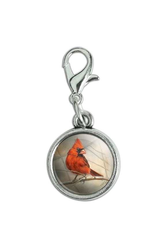 Cardinal Red Bird on Tree Branch Antiqued Bracelet Pendant Zipper Pull Charm with Lobster Clasp