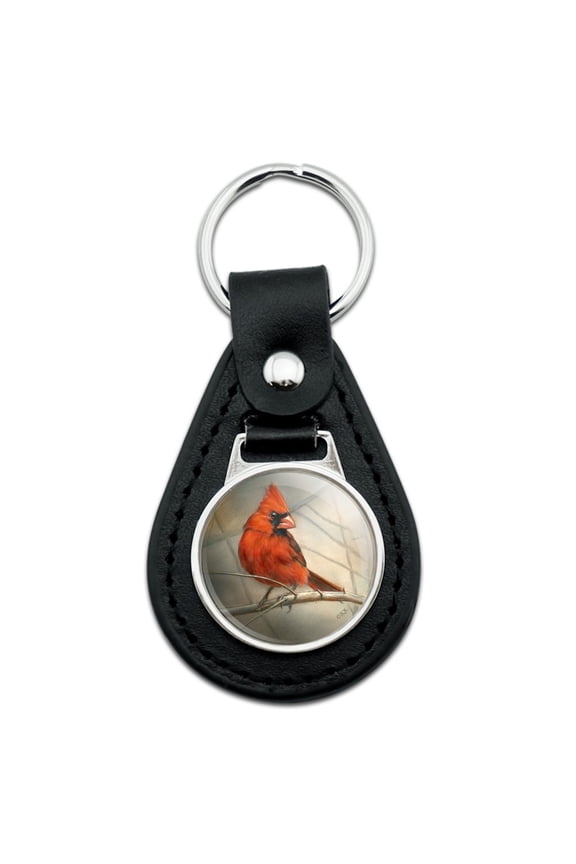 Cardinal Red Bird on Tree Branch Black Leather Keychain