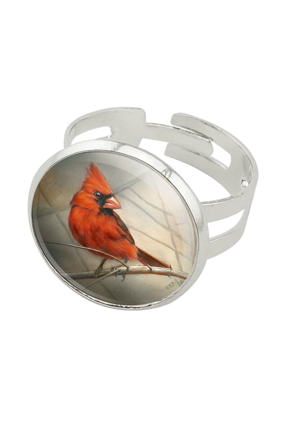Cardinal Red Bird on Tree Branch Silver Plated Adjustable Novelty Ring