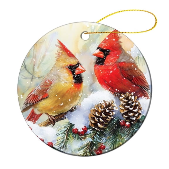 Cardinal Red Birds Berry Wreath Pine Cones Ornament Xmas Holiday Double-Sided Printed 3" Ceramic Christmas Ornament Holiday Ornament for Home Christmas Tree Decor Merry Xmas for Family & Friends