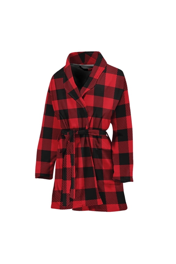 Cardinal Red Buffalo Check Pattern Women Bathrobe One Size Univeral Fits, King Card Poker Fashion Lightweight Plush Fleece Long Robe For Women