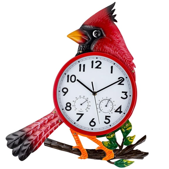 Cardinal-Red Outdoor Wall Clock, 10.91 x 10.83 x 2.91 in, Time Temperature Humidity Use for Patio Garden Kitchen Living Room