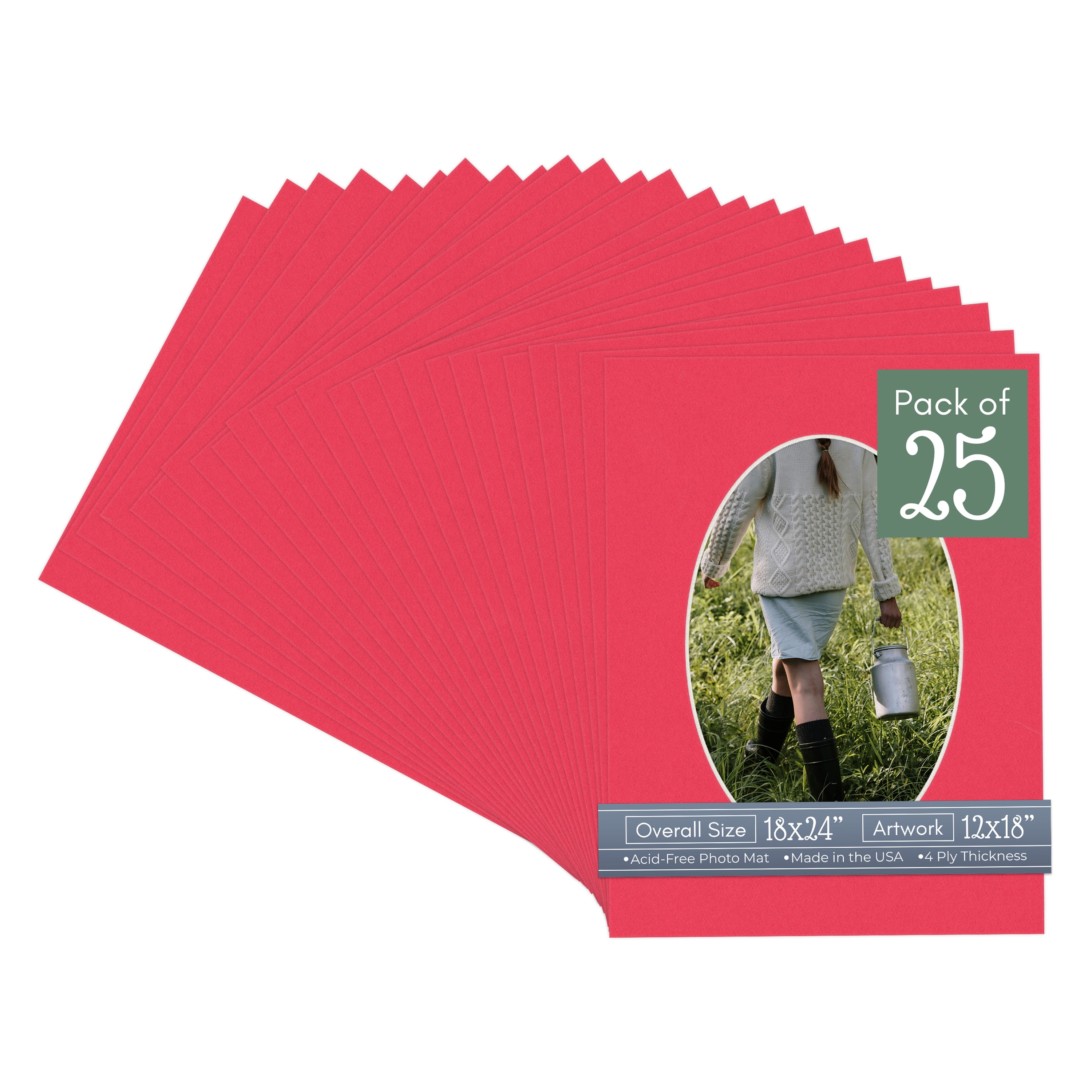Cardinal Red Picture Frame Mat for 18x24 Frames - Oval Opening for 12x18 Photos - 25 Mats