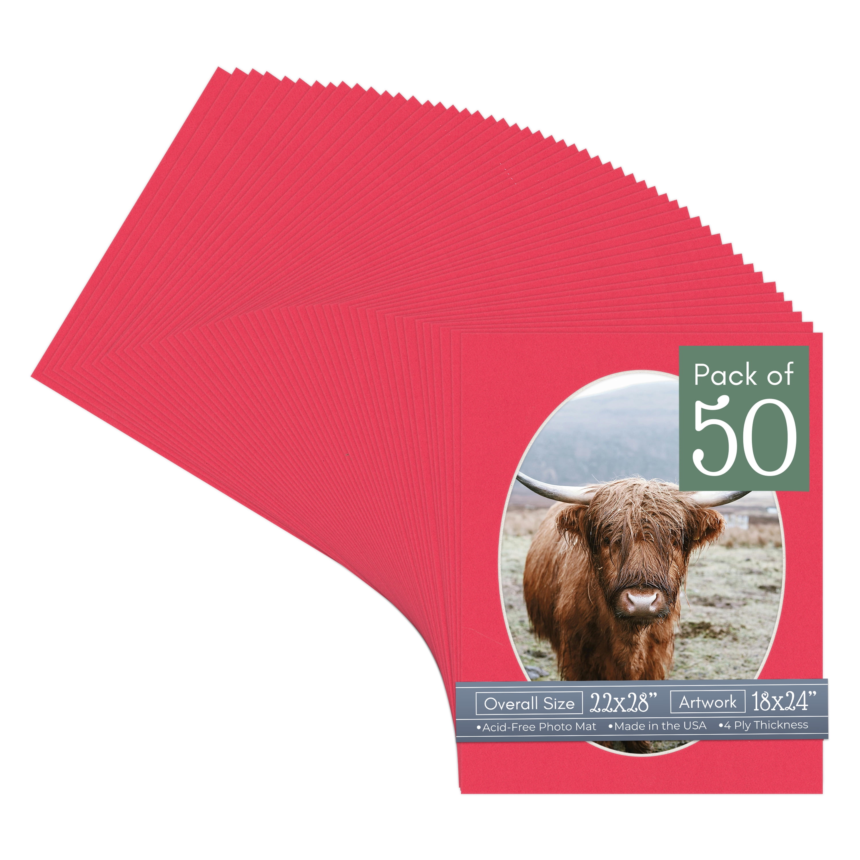 Cardinal Red Picture Frame Mat for 22x28 Frames - Oval Opening for 18x24 Photos - 50 Mats
