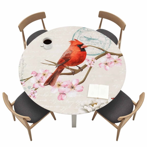 Cardinal Round Fitted Tablecloth with Elastic Edge Red Bird Floral Table Cover Fit for 36"-44" Tables Waterproof Tablecloths for Dinner Camping Picnic
