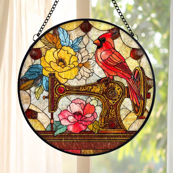 Cardinal Sewing Machine Glass Suncatcher, Vintage Floral Window Art, Quilter Decor, 3.5 in