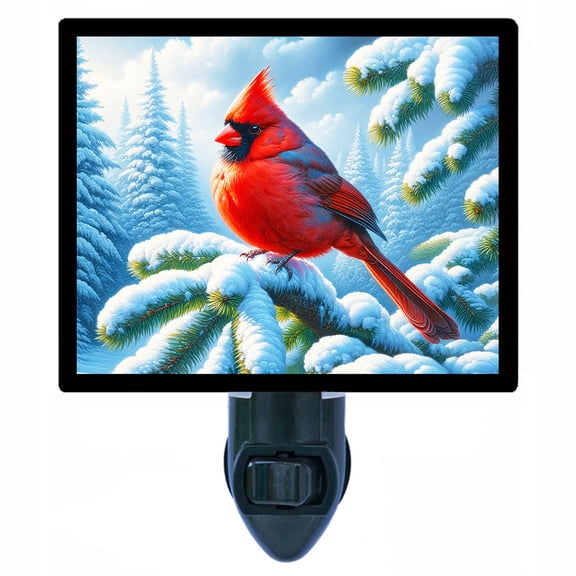 Cardinal on Snowy Fir Night Light Bright Red Winter Bird in Frosted Pine Forest, Seasonal Woodland Christmas Dcor Lighting Includes Free Switchable Insert