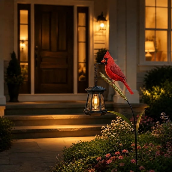 Cardinal Solar Garden Stake Lantern, Waterproof Warm Glow LED Light, Rustic Bird Yard Ornament for Halloween Fall Harvest Patio Lawn Walkway Graveyard Outdoor Decoration