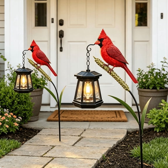 Cardinal Solar LED Light Decor, Redbird Art Metal Staker Lamp Figurine Decoration, Outdoor Waterproof Garden Lantern that Feels Full of Life, Gifts for Mom Grandma Women 2 pcs