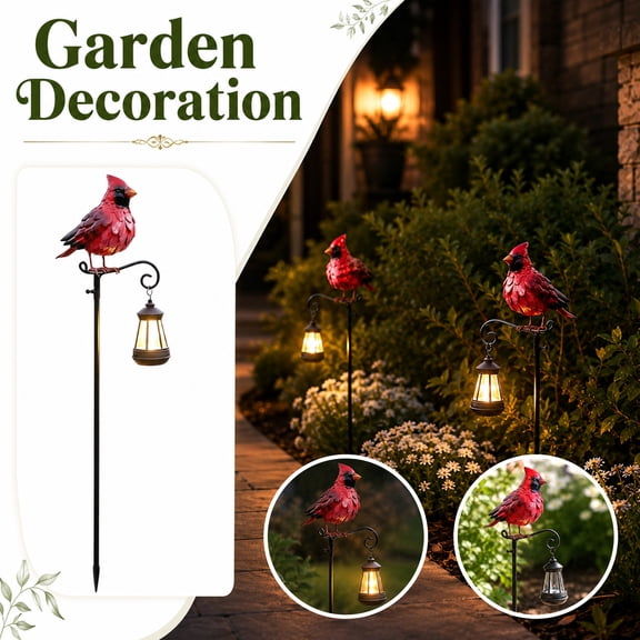 Cardinal Solar Light Warm Glow Retro Hexagonal Hanging Lantern Ground Stake Lamp Waterproof Realistic Red Bird Statue Outdoor Holiday Memorial Decor For Backyard Pathway Flower Bed