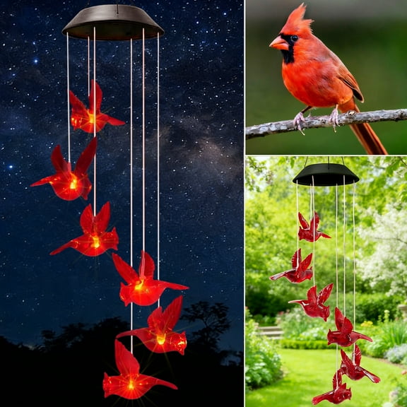 Cardinal Solar Wind Chimes for Outside, (26.7” deep) Cardinal Solar Hanging Lights Outdoor, Garden Decor for Patio Yard Garden Home, Gifts for Mother