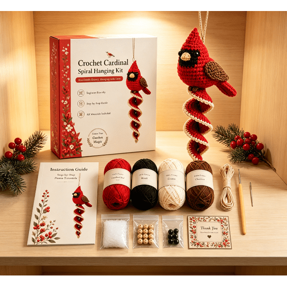 Cardinal Spiral Hanging Crochet Kit Full DIY Craft Supplies for Christmas Handmade Ornament Comes with Yarn Tools and Detailed Guide (Cardinal)