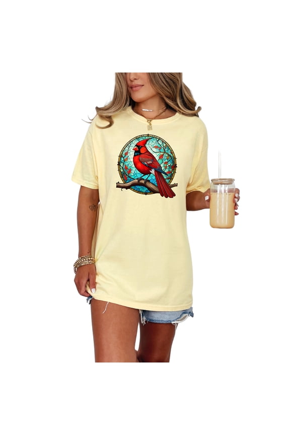 Cardinal Stained Glass Art T-Shirt, Colorful Bird Lover Apparel, Nature Inspired Design, Unique Gift Idea for Birdwatchers, Butter Comfort Colors T-Shirt, Medium