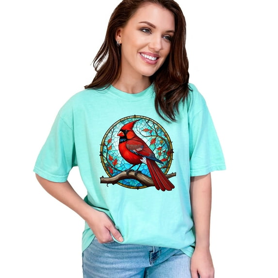Cardinal Stained Glass Art T-Shirt, Colorful Bird Lover Apparel, Nature Inspired Design, Unique Gift Idea for Birdwatchers, Chalky Mint Comfort Colors T-Shirt, 3XL