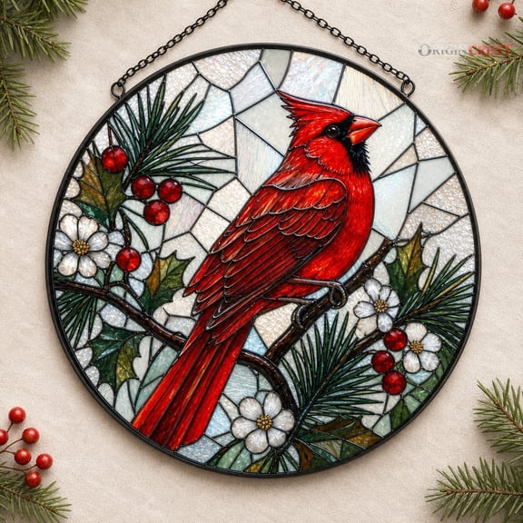 Cardinal Stained Glass Suncatcher - Bird Window Hanging Decor, Unique Gift for Bird Lovers