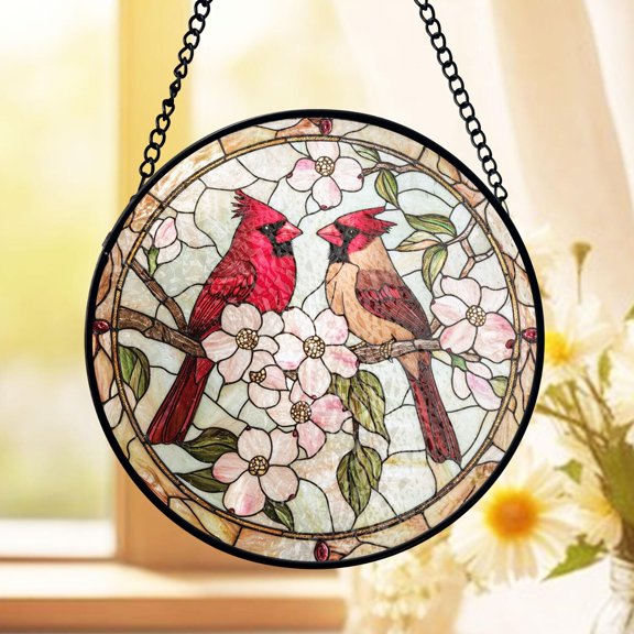 Cardinal Stained Glass Suncatcher, Dogwood Flower Window Art, Spring Nature Style, Bird Lover Decor, Gift For Mom, Thoughtful Gift Idea