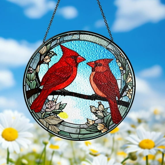 Cardinal Stained Glass Suncatcher, Male And Female Red Bird Window Hanging, Lovebirds Gift, Gifts for Mom, Couple Bird Decor