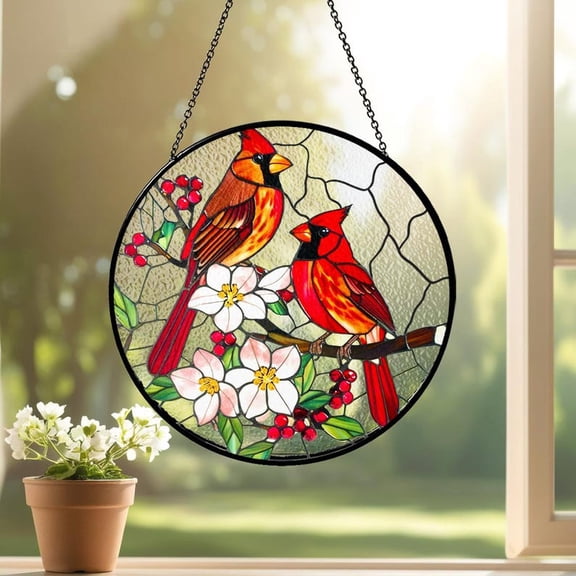 Cardinal Stained Glass Suncatcher, Male & Female Cardinal Window Hanging, Bird Lover Glass Art, Memorial Suncatcher, Home Decor Gift for Women