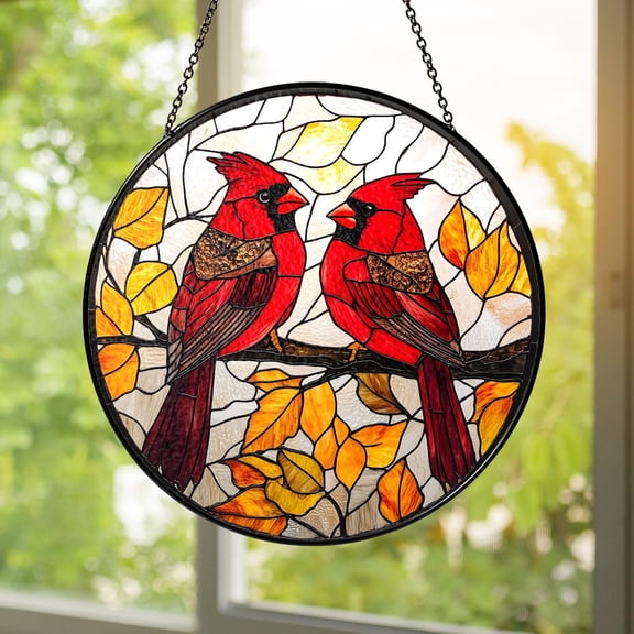 Cardinal Stained Glass Suncatcher | Red Bird Pair Window Hanging | Handmade Memorial Gift | Nature Home Dcor