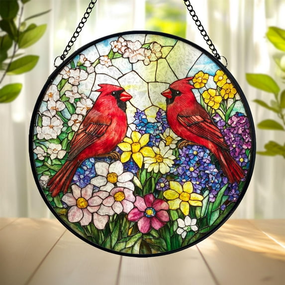 Cardinal Stained Glass Suncatcher, Red Birds Window Hanging Ornament, Colorful Floral Gift for Bird Lovers & Home Decor