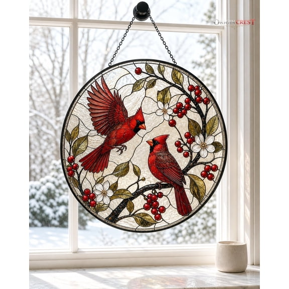 Cardinal Stained Glass Suncatcher - Red Cardinal Couple Window Hanging, Memorial Bird Lover Gift, Cardinal Window Decor