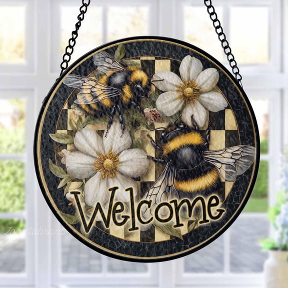 Welcome Stained Glass Suncatcher Metal Outdoor Decor Bumblebee Garden Black Gold