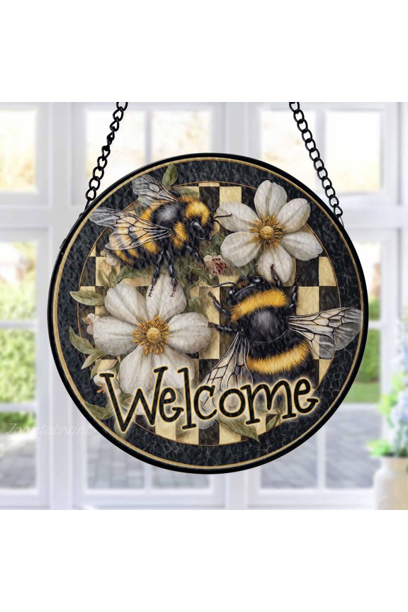 Welcome Stained Glass Suncatcher Metal Outdoor Decor Bumblebee Garden Black Gold