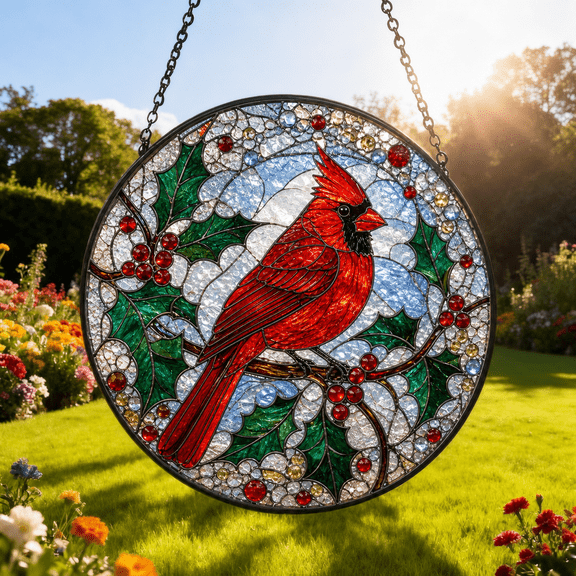 Cardinal Stained Glass Suncatcher Window Hanging Acrylic Holiday Bird Gift
