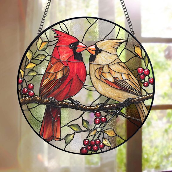 Cardinal Stained Glass Suncatcher Window Hanging, Male & Female Bird Art, Memorial Gift, Bird Home Decor, Cardinal Gift For Dad And Mom