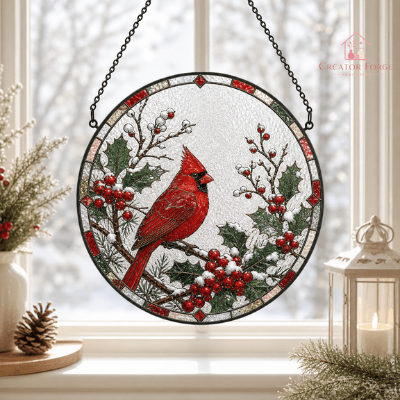 Cardinal Stained Glass Suncatcher Winter Berries Window Hanging Gift for Bird Lovers