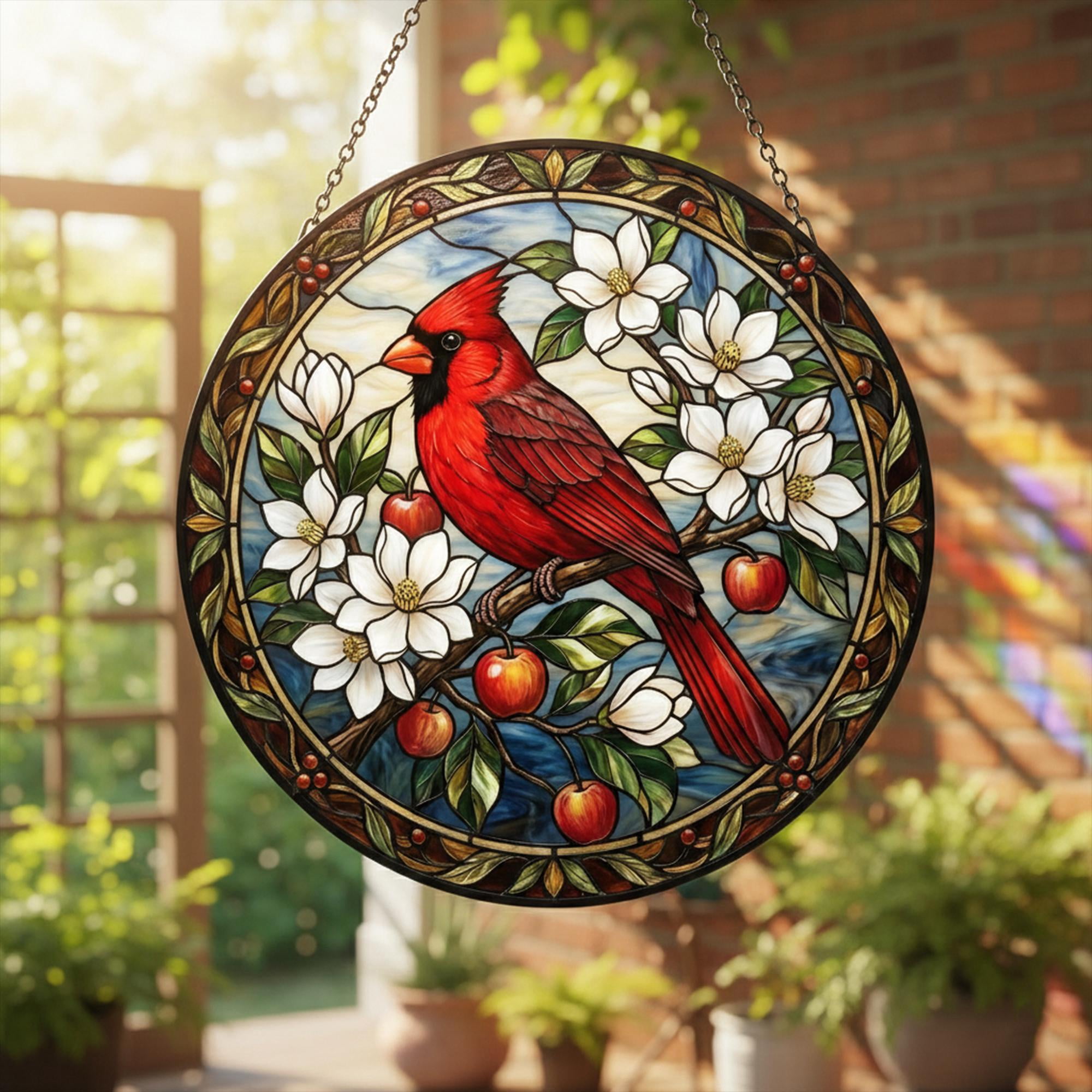 Cardinal Stained Glass Window Panel - Art Decor | Red Bird Floral ...