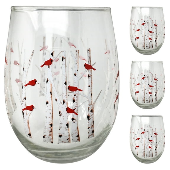 Cardinal Stemless Wine Glasses - Set of 4 - Cardinals Perched on White Birch Trees - All Occasion - Each glass is 4 3/4" H and holds 20 oz.