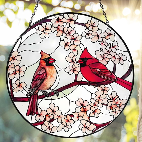 Cardinal Sun Catcher Stained Glass Window Hanging Cardinal Decor Gifts for Women Christmas Handmade Sun Catcher Decoration for Garden Home Housewarming Gifts, 6.3x6.3in
