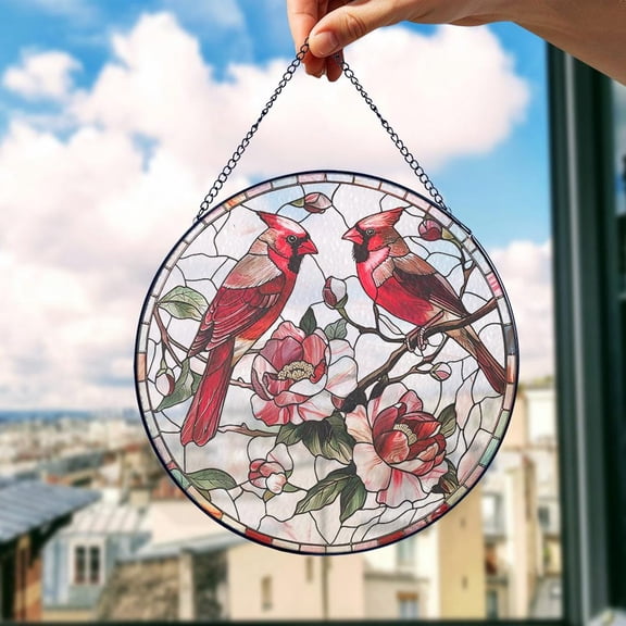 Cardinal Suncatcher, Cardinal Couple Glass Not Acrylic Decor, Cardinal Window Suncatcher, Gift For Couple Id-1223-2Rmy, Suncatcher Window Hanging, 3.5 in