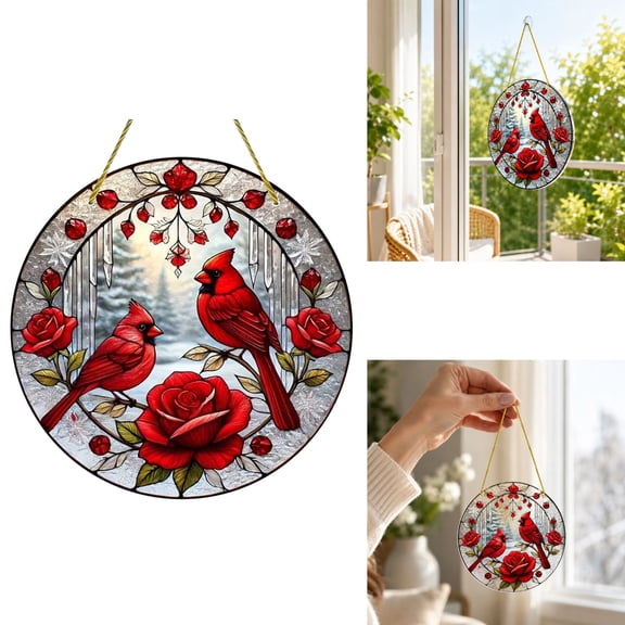Cardinal Suncatcher Red Cardinal Decor Rose Pattern Acrylic Window Hanging Ornament Winter Bird Themed Sun Catcher for Bedroom Balcony Home Decor Bird Lover Holiday Present