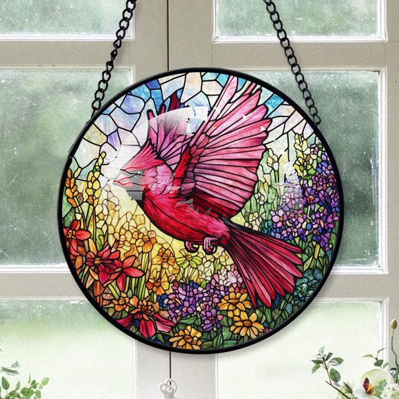 Cardinal Suncatchers For Christmas, Pink Cardinal Stained Glass Window Hangings, Pink Cardinal Decor, Pink Cardinal Christmas 2025 Picture Ornament Pink-177HD317, Cardinal Stained Glass Art