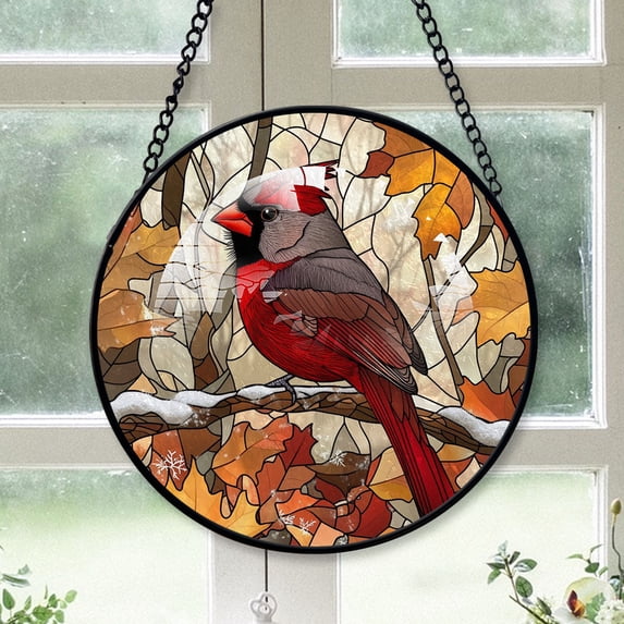 Cardinal Suncatchers For Christmas Tree, Gray Cardinal Stained Glass Window Hangings, Gray Cardinal Decor, Gray Cardinal Tree Decor Gray-175HD302, Cardinal Stained Glass Art