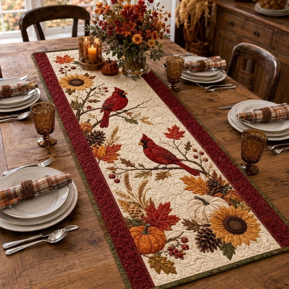Cardinal Table Runner, Quilted Fall Decor, Autumn Sunflower Table Runner, Thanksgiving Pumpkin Decor, Rustic Bird Tableware